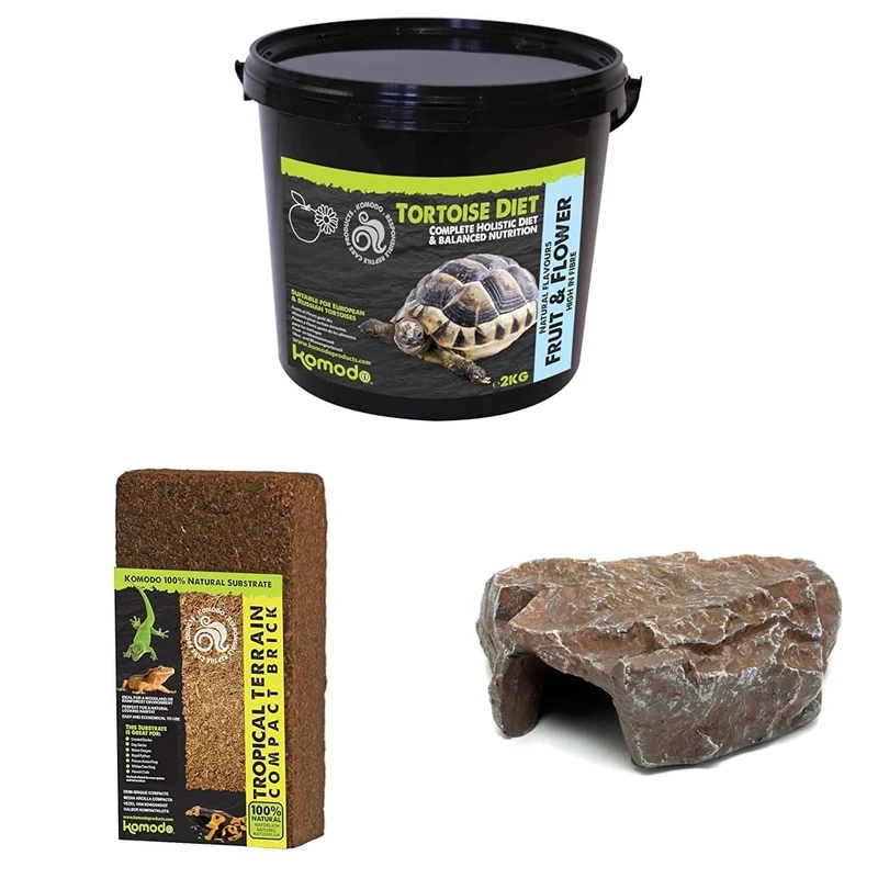 Komodo Complete Holistic Tortoise Diet Fruit & Flower 2 kg (2.1 kg), Tropical Terrain Compact Brick 64 g & Brown Rock Den Large – Tortoise Food, Substrate & Hideout Kit