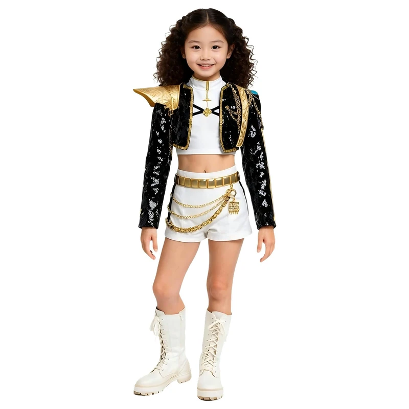 FENGLONG-YB Costume Cosplay Golden For Girls Women With Wigs Halloween Top Pants Full Set Outfit, Rumi, 150