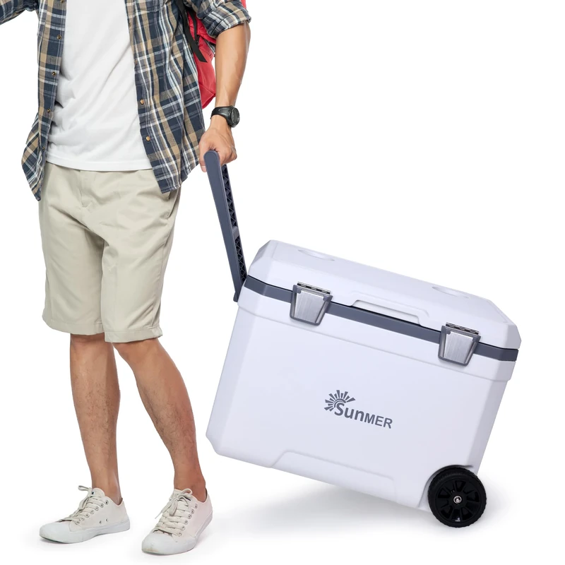 SUNMER Wheeled Cooler Box 45L - PU Foam Insulated Ice Chest with 72-Hour Cold Retention - Cool Box on Wheels with Drain Plug & Cup Holders - Large Ice Cooler Box for Camping & Beach - White