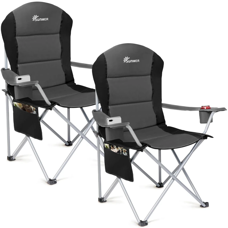 SUNMER Padded Camping Chairs - Set of 2 Deluxe Folding Chairs with Cup Holder and Side Pockets - Holds up to 120kg - Lightweight 3.3kg per Chair - Professional Outdoor & Garden Seating - Dark Grey