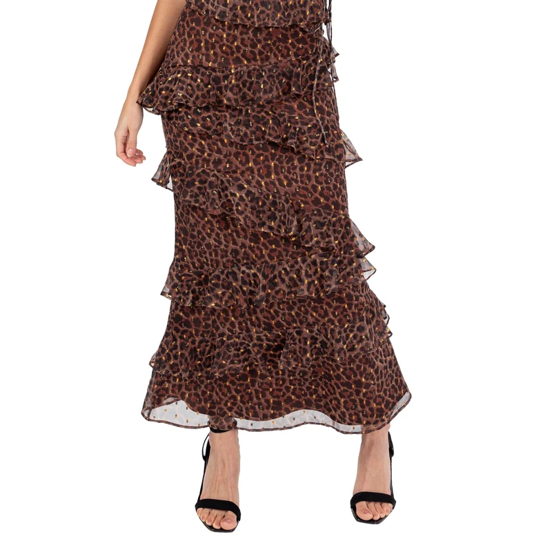 Anaya with Love Women's Maxi Skirt Ladies Co-ord Asymmetric Tiered Ruffle Frill Animal Print Chiffon Boho Smart Casual Gold Fleck, Animal Print 14