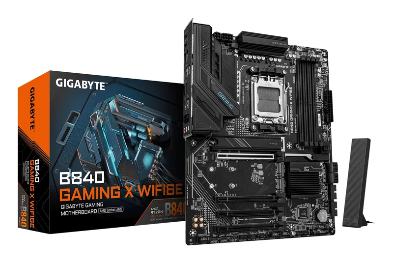 GIGABYTE B840 GAMING X WIFI6E Motherboard - AMD Ryzen 9000 CPUs, 12+2+2 Phases VRM, up to 7600MHz DDR5(O.C), 2xPCIe 4.0 + 1xPCIe 3.0 M.2, Wi-Fi 6E, 2.5GbE LAN, USB 3.2 Gen 2