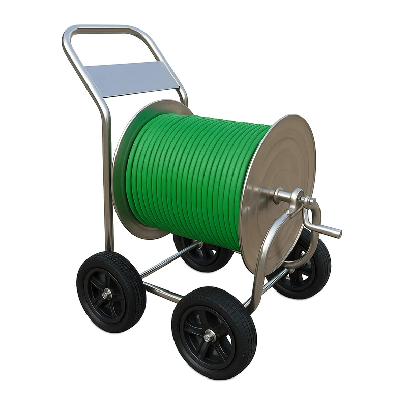 Relaxdays hose cart, up to 200 m, movable hose reel, HWD 100 x 73 x 57 cm, hose reel, stainless steel, silver