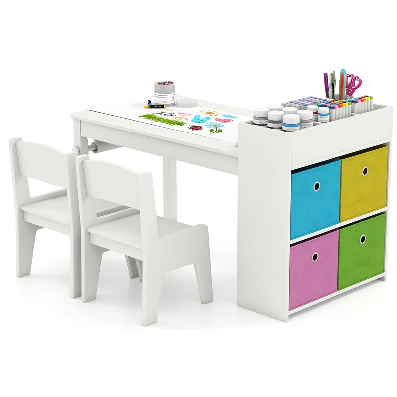 GYMAX Kids Table and Chairs Set, Wooden Children Art Desk with Paper Roll, 4 Fabric Bins&Storage Shelves, 3 in 1 Toddler Activity Table Set for Drawing Writing Learning,100x50x58cm (White)