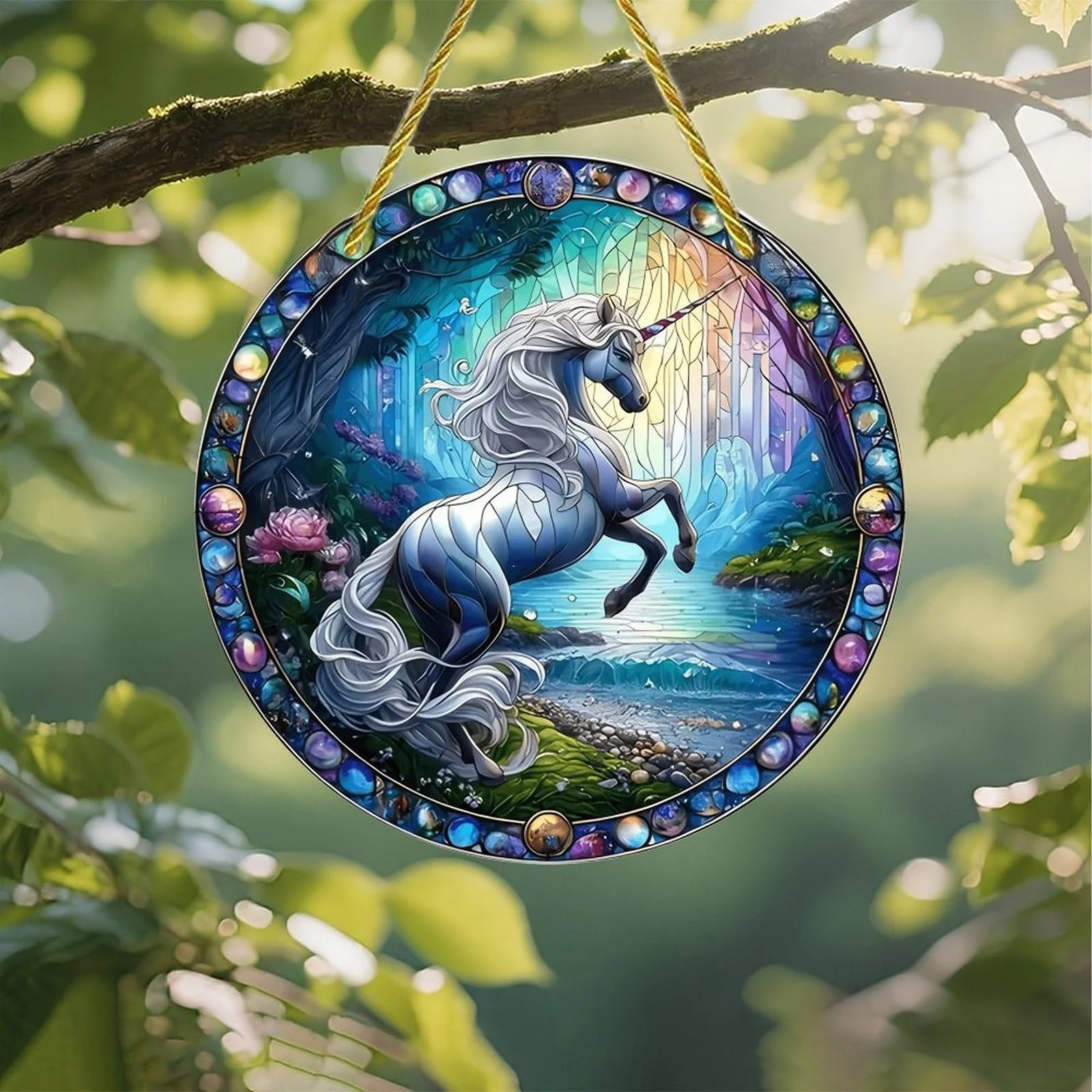 Colorful Acrylic Suncatcher, Unicorn Leaping Lakeside Forest 7-inch Hanging Window Wall Art Decor with Printed Stained Glass Style Design, Gift Idea & Garden Ornament Indoor Outdoor Use