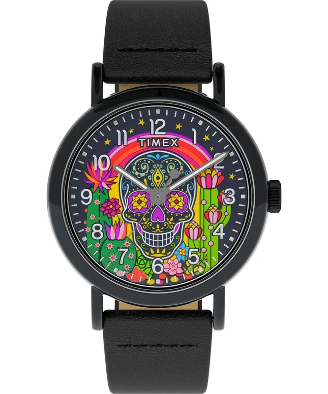 Timex Men's Weekender Day of the Dead 40 mm Watch - Black Leather Strap and Black Dial TW2Y15900