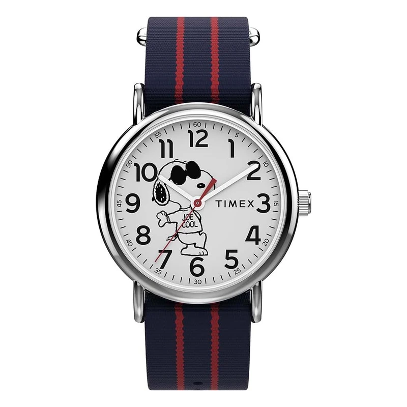 Timex Men's Peanuts x Weekender Joe Cool 38 mm Watch - Blue Fabric Strap with White Dial and Silver-Tone Case TW2Y31100
