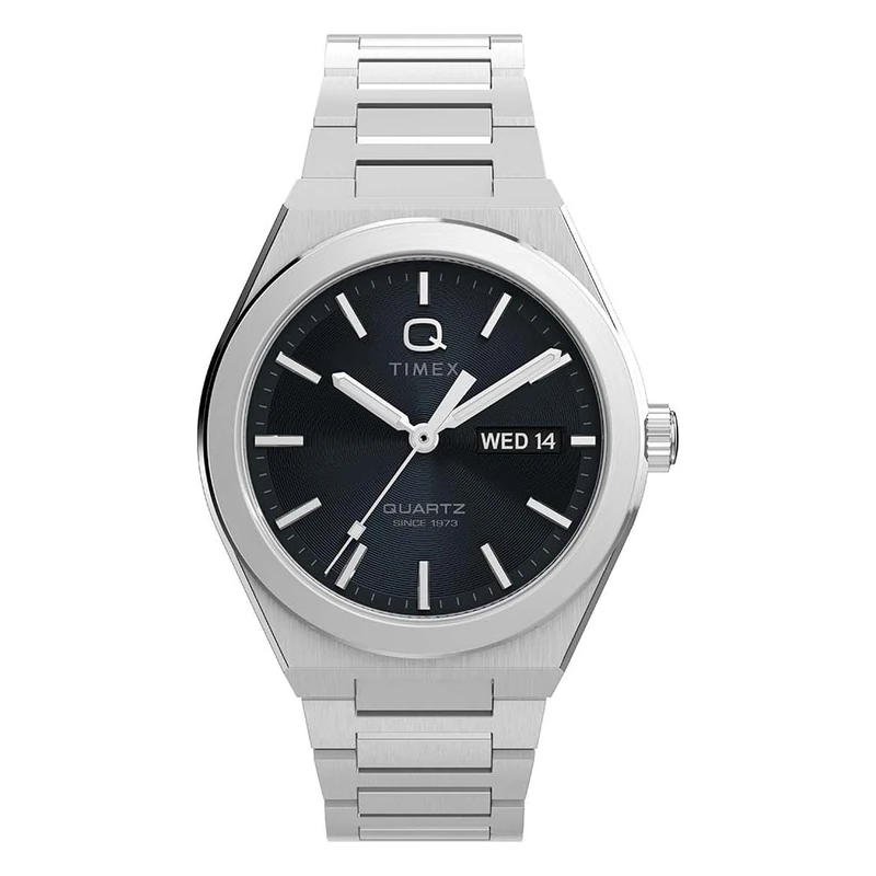 Timex Men's Q Continental Day and Date 39 mm Quartz Watch - Stainless Steel Bracelet with Black Dial TW2Y25000