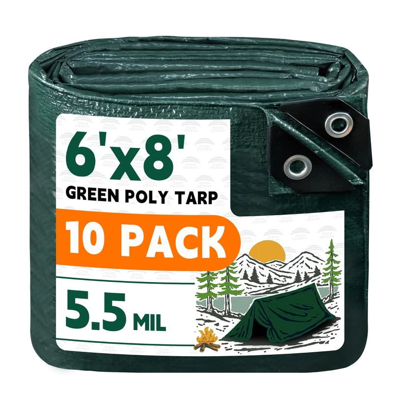 RAINDEWAY Green Tarp 6x8 Feet(10 Pack),5.5Mil Waterproof Poly Tarps Cover