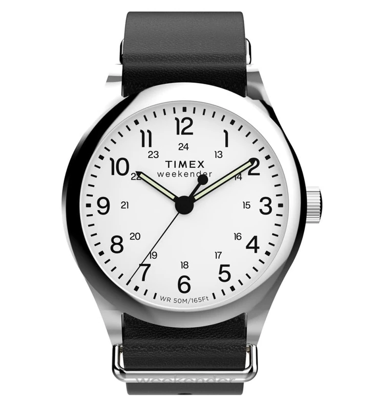 Timex Men's Weekender New England 3 Hand 39 mm Quartz Watch - Black Leather Strap with White Dial and Stainless Steel Case TW2Y35900