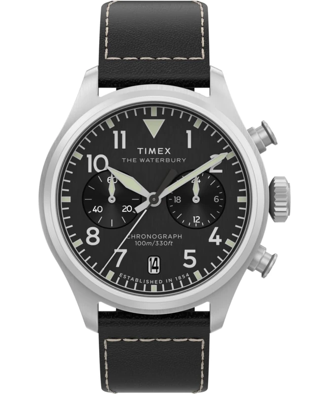 Timex Men's Waterbury Ace 41 mm Quartz Watch - Brown Leather Strap with Black Dial and Stainless Steel Case TW2Y19000