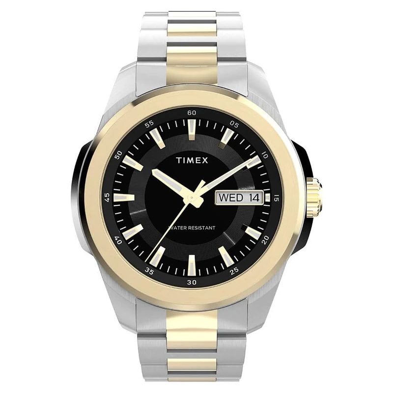 Timex Men's Essex Day and Date 45 mm Quartz Watch - Two-Tone Stainless Steel Bracelet with Black Dial TW2Y35300