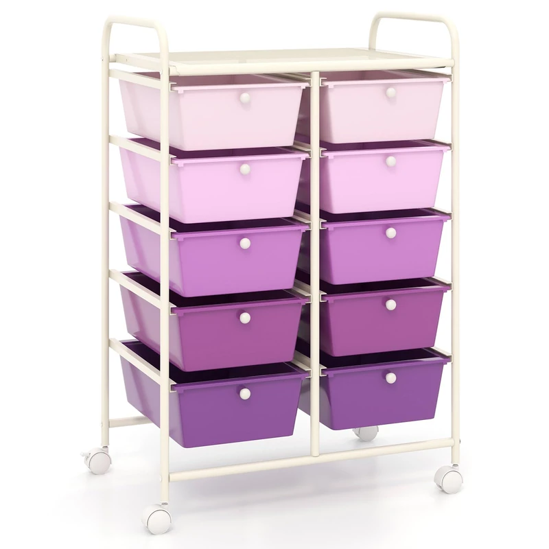 FANTASK Rolling Cart with 10 Stackable Drawers, Drawer Trolley with Lockable Wheels, Rolling Container with Metal Frame and Shelf, Craft Trolley for Office, Living Room, 65.5 x 37 x 87 cm (Purple) - Image 1