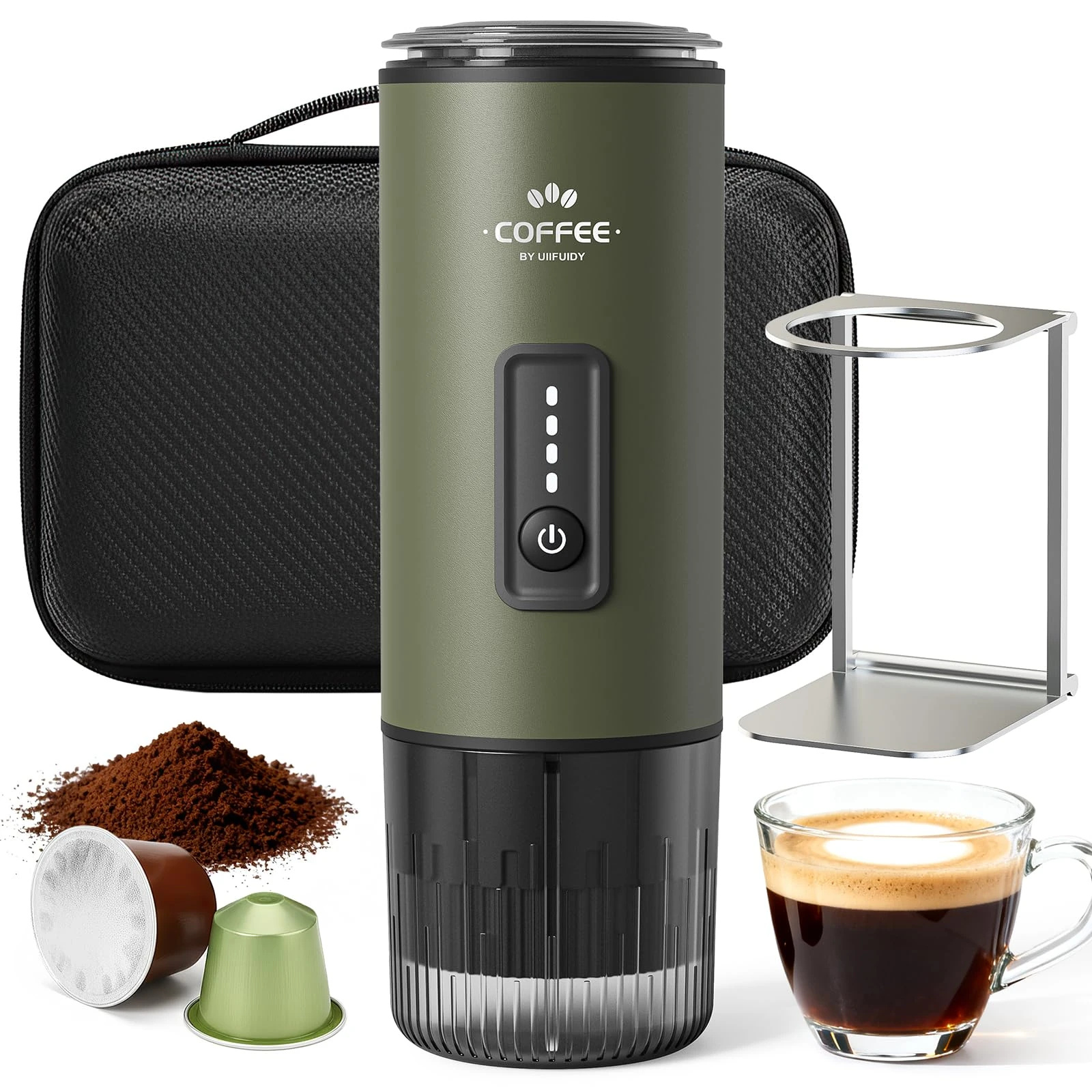 Portable Espresso Maker, 3 in 1 Coffee Maker Set with Carrying Bag and Coffee Stand, Coffee Machine Works with Ground Coffee & Capsule Pod, Self-Heating Brewer with USB-C for Travel, Hiking, Office