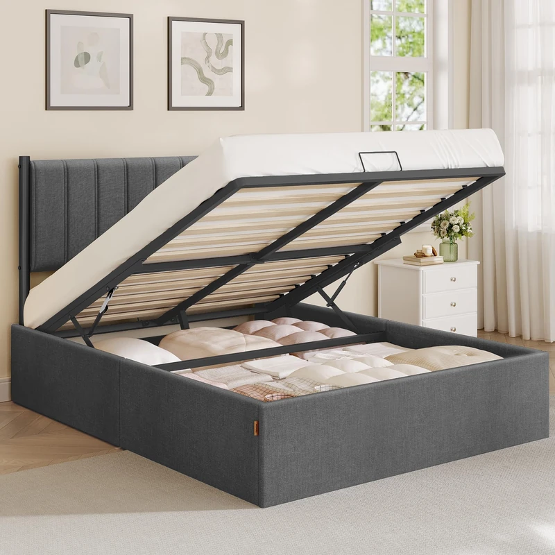 VASAGLE Double Bed Frame, 135 x 190 cm, Ottoman Bed with Lift-Up Storage, Hydraulic Lift, Modern Minimalist, Easy Assembly, Slate Grey RMB616GN01