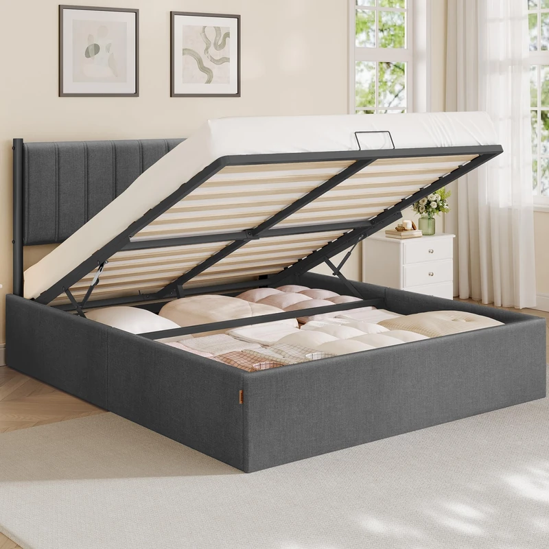 VASAGLE King Bed Frame, 150 x 200 cm, Ottoman Bed with Lift-Up Storage, Hydraulic Lift, Modern Minimalist, Easy Assembly, Slate Grey RMB617GN01