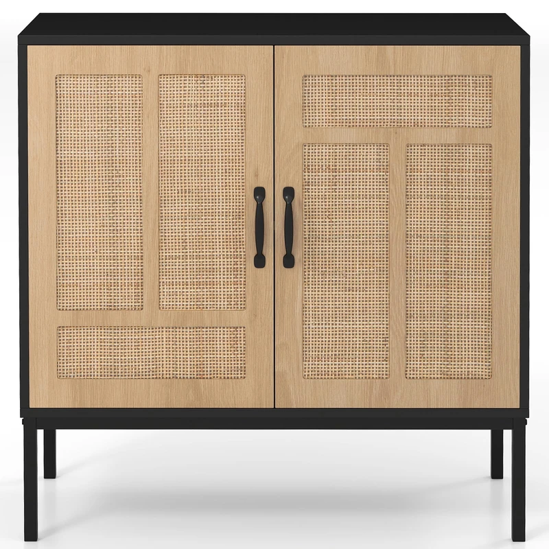 FANTASK Sideboard with 2 Rattan Doors, Boho Storage Cabinet with 3-Way Adjustable Shelf & Metal Legs, Kitchen Cabinet for Kitchen, Dining Room, Living Room, 80 x 38 x 81 cm (Black) - Image 1