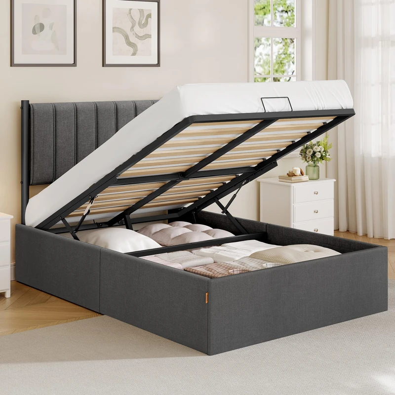 VASAGLE Small Double Bed Frame, 120 x 190 cm, Ottoman Bed with Lift-Up Storage, Hydraulic Lift, Modern Minimalist, Easy Assembly, Slate Grey RMB610GN01
