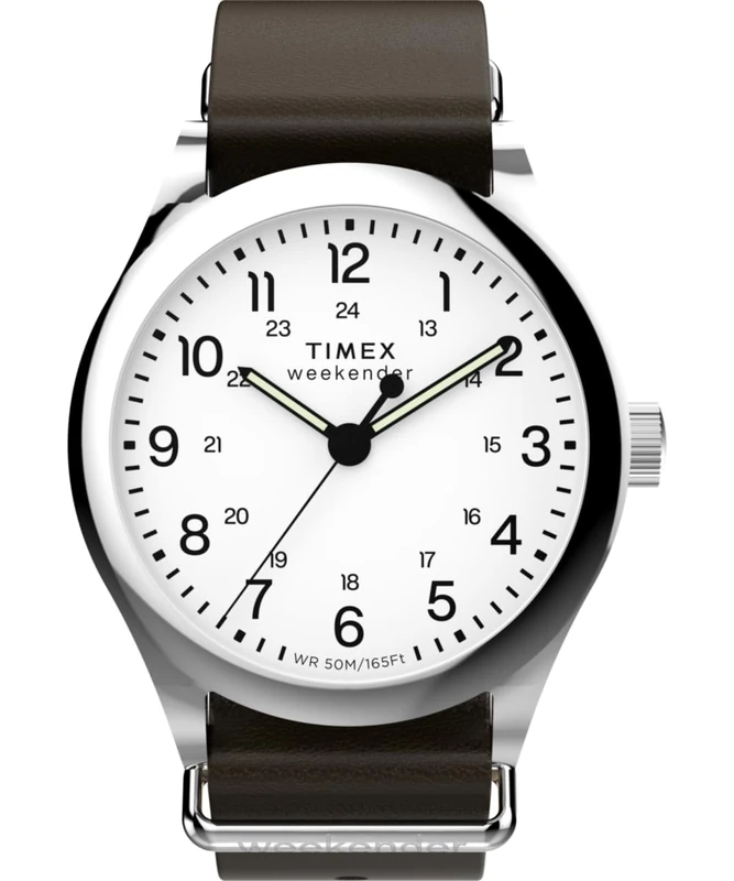 Timex Men's Weekender New England 3 Hand 39 mm Quartz Watch - Brown Leather Strap with White Dial and Stainless Steel Case TW2Y35800