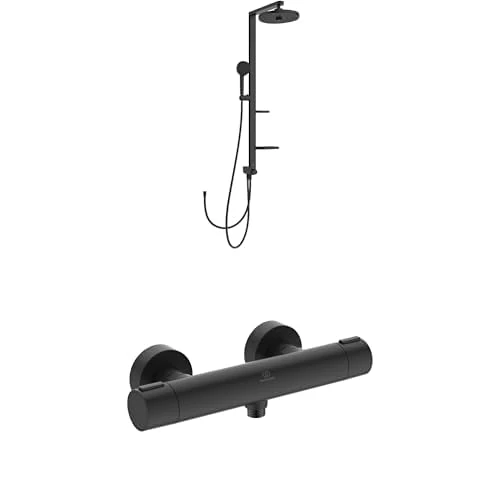 Ideal Standard — Bundle of Ceratherm Alu+ Shower Diverter System and Exposed Shower Mixer with Thermostatic Function, Water and Energy Savings, Made from Recycled Aluminium, in matt Black Finish