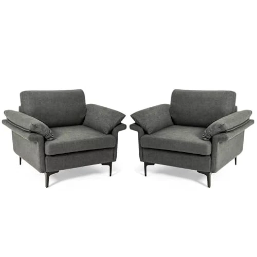 Set of 2 Modern Gray Linen Armchairs with Wide Seats Metal Legs Cushioned Backrest & Armrests for Living Room Bedroom or Office - Stylish Lounge Chairs