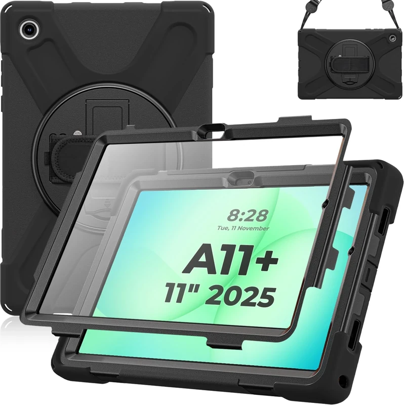 EHIOG Case for Galaxy Tab A11+ Plus Tablet Cover 11 Inch 2025, Full-Body Shockproof with Screen Protector, 360° Rotating Stand & Hand Strap, Carrying Strap (Black)