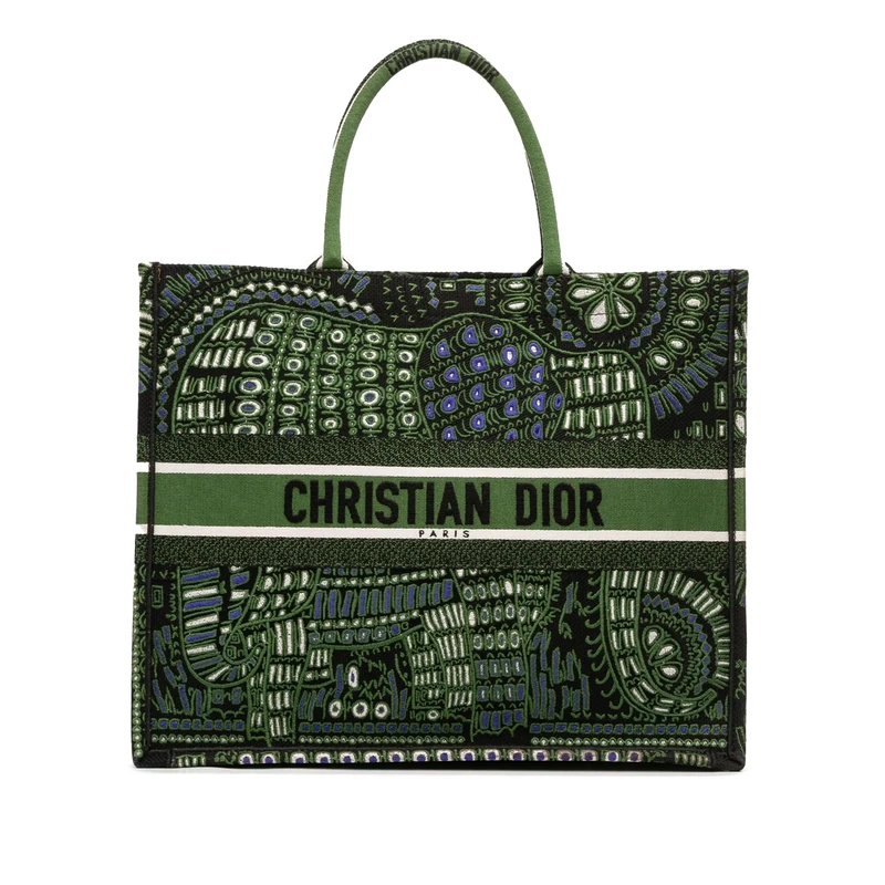 Dior Pre-Loved Large Canvas Embroidered Elephant Book Tote Bag