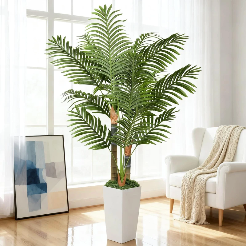 5ft Artificial Palm Tree Indoor Plant，Triple Faux Tropical Areca Floor Plant in Pot，Artificial Plants with Lifelike Leaves for Home Office Decor (White)