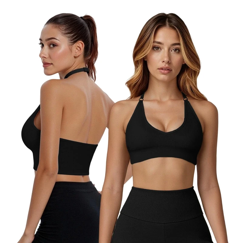 Fiohiros Deep V Neck Sports Bra - Open Back, Adjustable Halter - Black