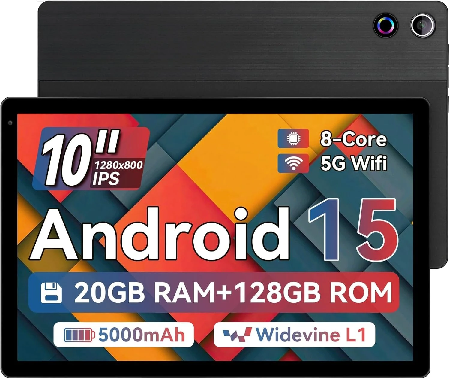 MUISOO Tablet, 10.4 inch Android 15 Tablet, 20GB RAM 128GB ROM 1TB TF Card Expandable Octa-Core, Widevine L1, 1280 * 800 HD Touchscreen, Face ID, Bluetooth 5.3, WiFi 6, Fast Charging (Black)