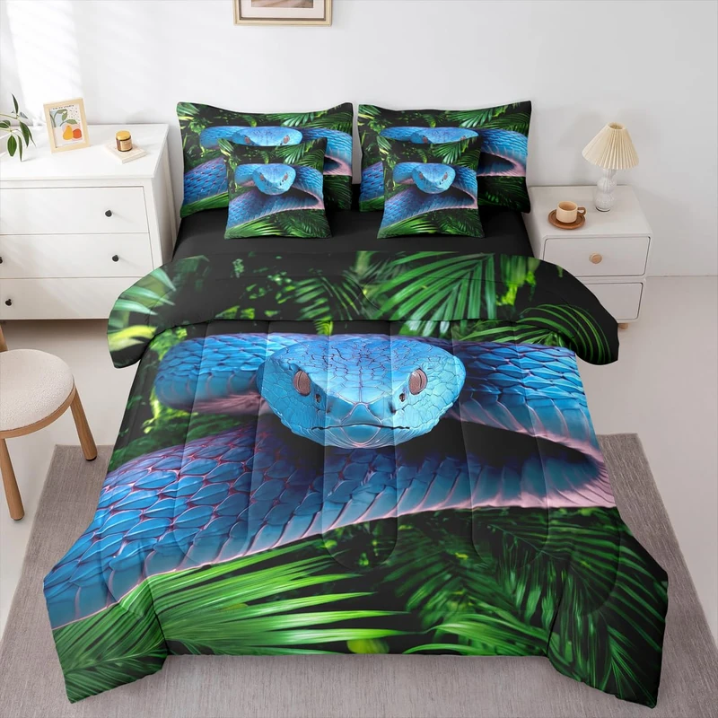 Erosebridal Snake 7 Pcs Bedding Set Twin 3D Reptile Comforter Set with Sheets Blue Scales Bed in A Bag Palm Leaf Wild Animal Bedroom Decor