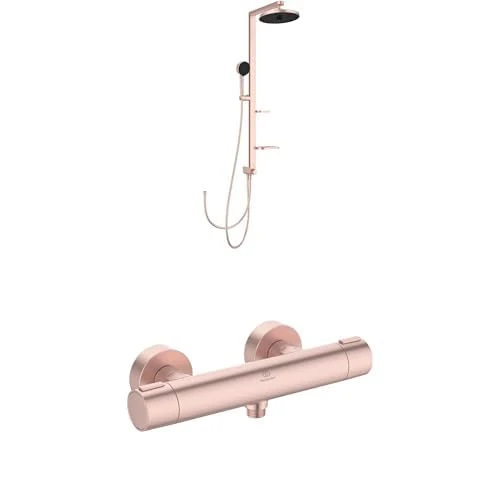 Ideal Standard — Bundle of Ceratherm Alu+ Shower Diverter System and Exposed Shower Mixer with Thermostatic Function, Water and Energy Savings, Made from Recycled Aluminium, in matt rosé Finish
