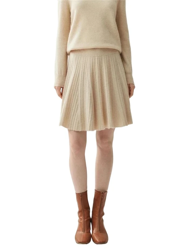 Women's Cashmere Pleated Skirts Short A-Line Above Knee Mini Skirt Cashmere Knitted Elastic Waist Dress Beige