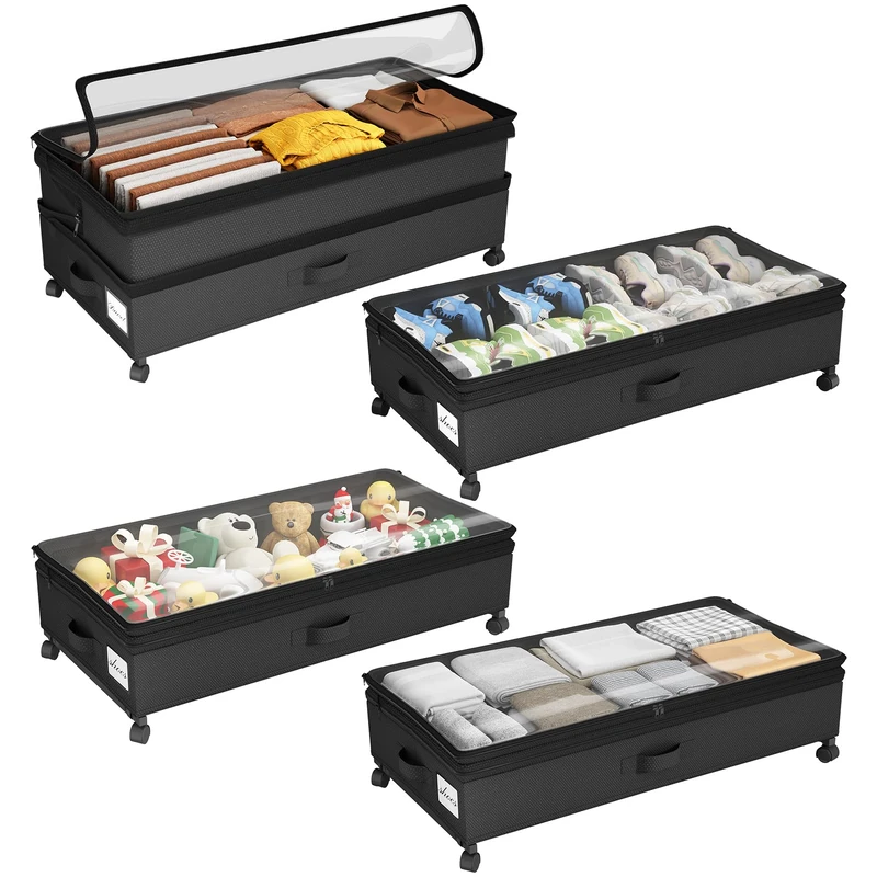 Kitstorack 4 Pack Height-adjustable Under Bed Storage with Wheels, Under Bed Storage Containers,Under Bed Shoe Storage Organizer with Clear Window&Label, Suitable for Clothes Storage, Black