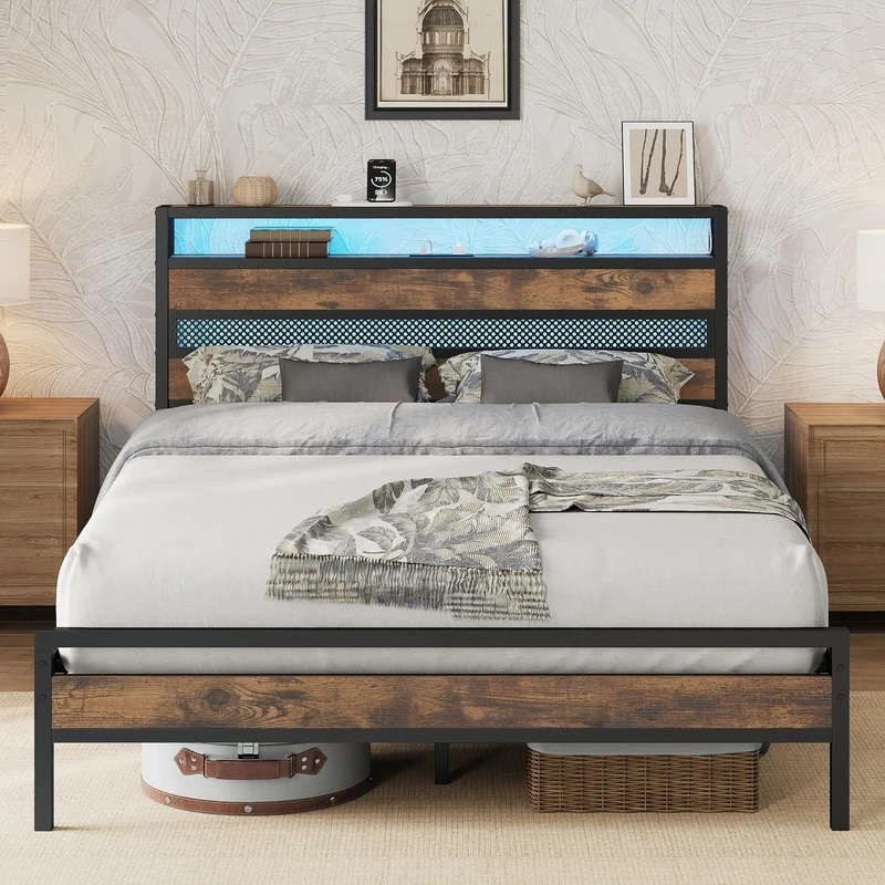 IRONCK 4ft6 Double Bed Frame with Storage Headboard and Charging Station/LED Lights, Metal Platform Bed Frame Double, Reinforced Strong Support Leg, UnderBed Storage, Vintage Brown