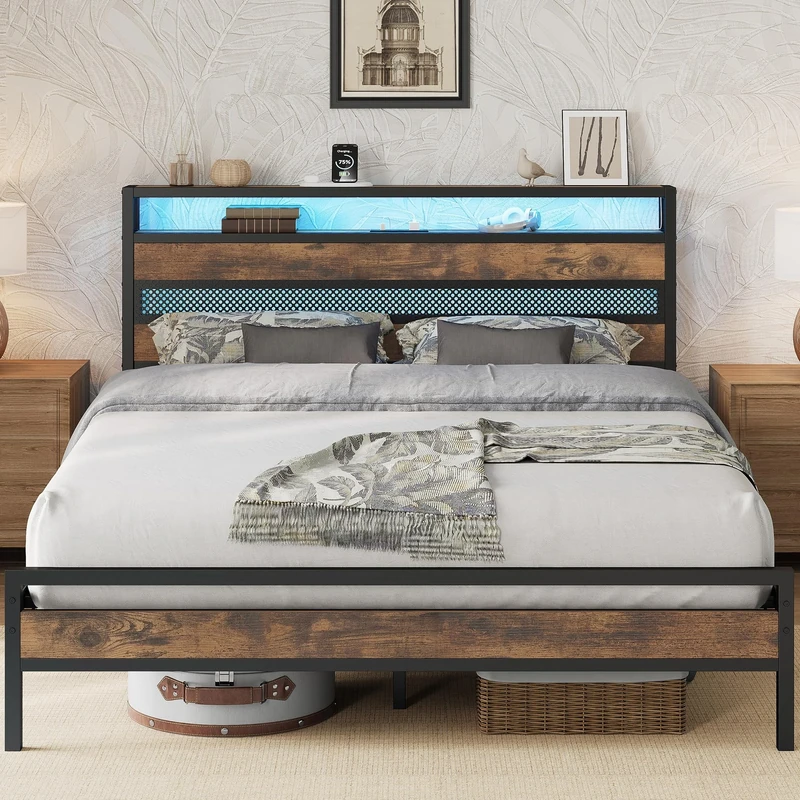 IRONCK 5ft King Size Bed Frame with Storage Headboard and Charging Station/LED Lights, Metal Platform Bed Frame King Size, Reinforced Strong Support Leg, UnderBed Storage, Vintage Brown
