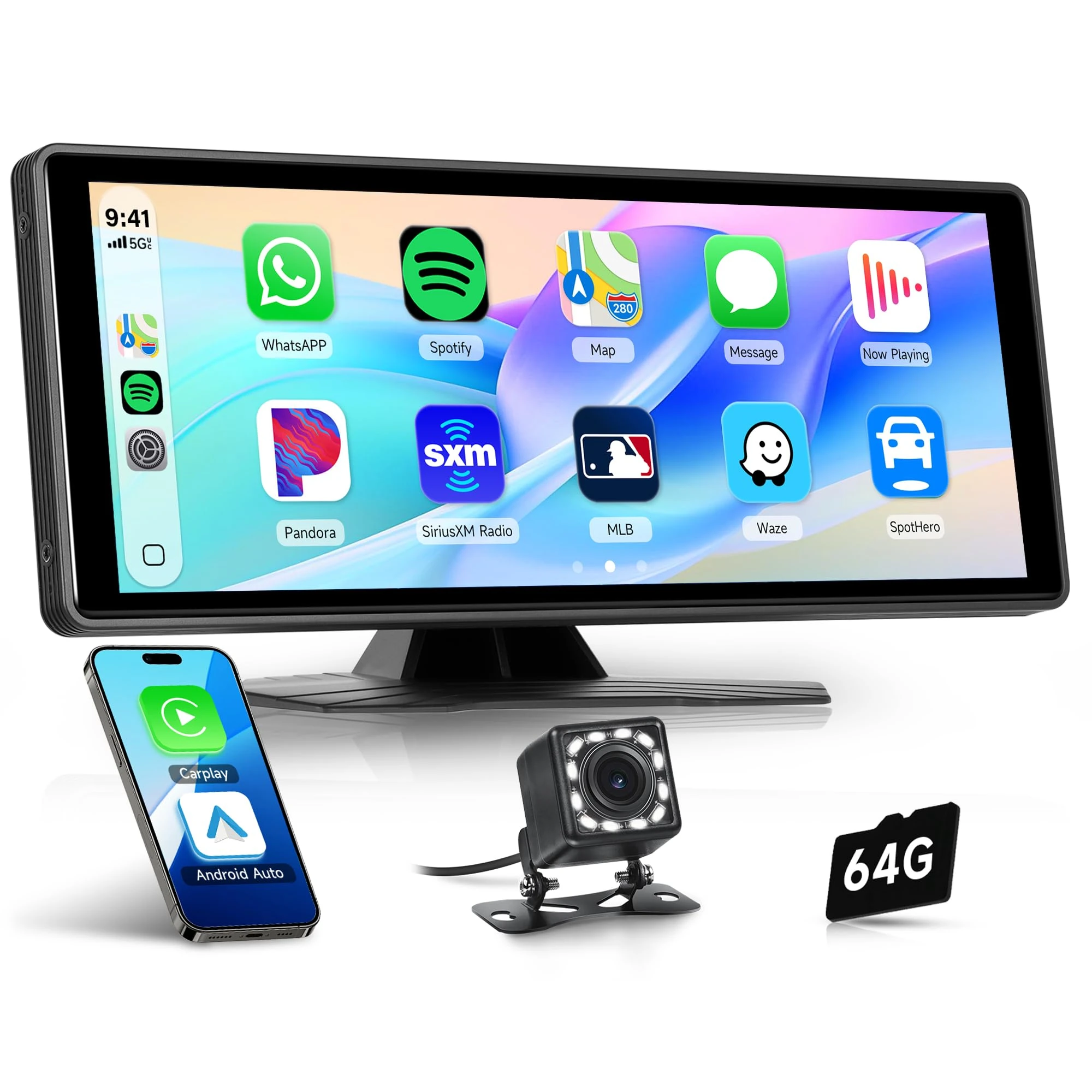 Rimoody Car Play Screen 10.26 Inch Portable Wireless Carplay Screen with Backup Camera Android Auto Portable Car Radio, FM Transmission Bluetooth Online Map AirPlay EQ AUX 64G SD Card