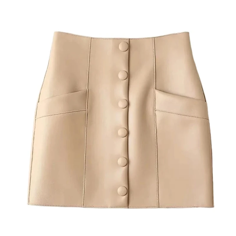 Women's Genuine Leather High Waist Mini Skirt Sexy Solid Hip Wrap Office Lady Skirts Khaki