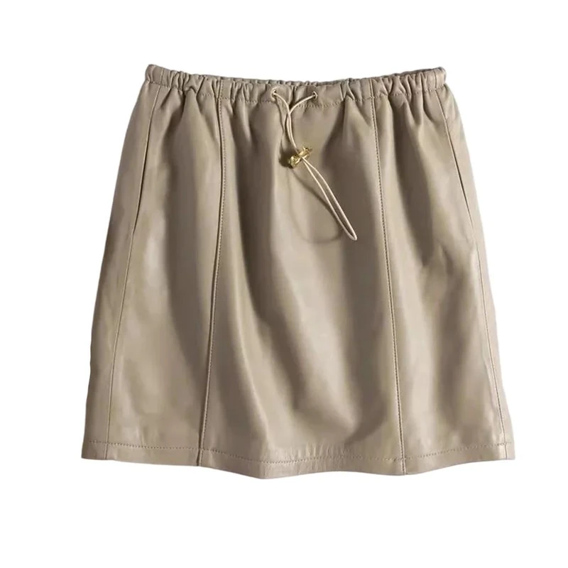Women's Pu Leather High Waist Mini Skirt Sexy Elastic Waist Solid Casual Short Skirts Beige