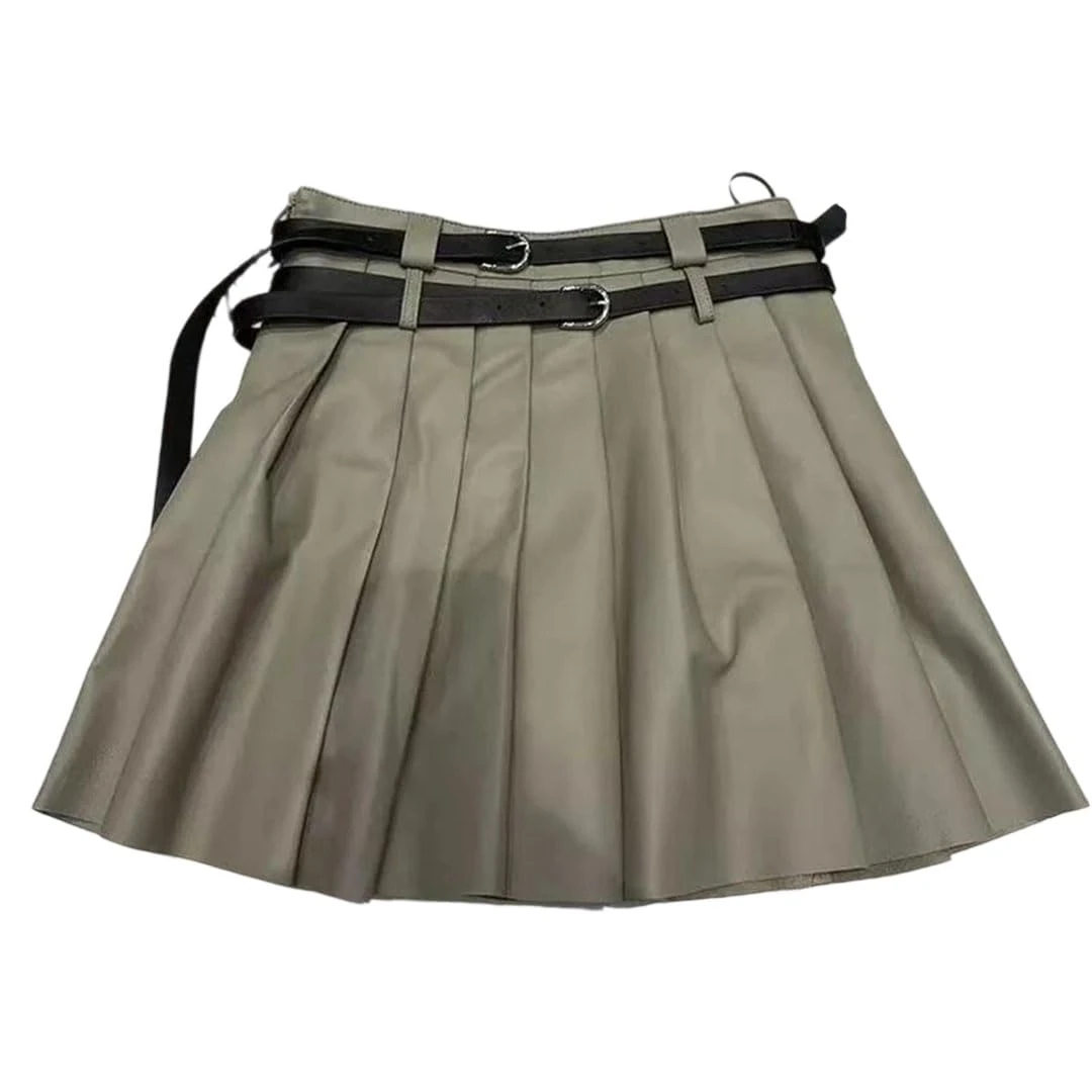 Women Double Waistband Leather Skirt Solid Preppy Style A-Line Pleated Mini Skirts