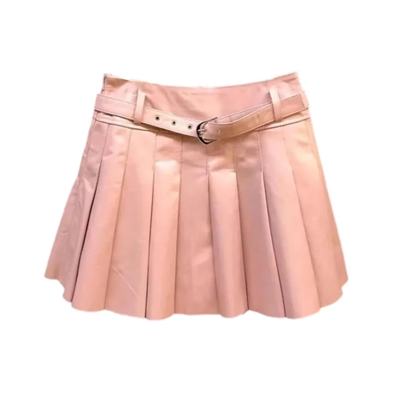 Women Sheepskin Leather Pleated Skirt High Waist Belt Casual Party Mini Skort Skirts
