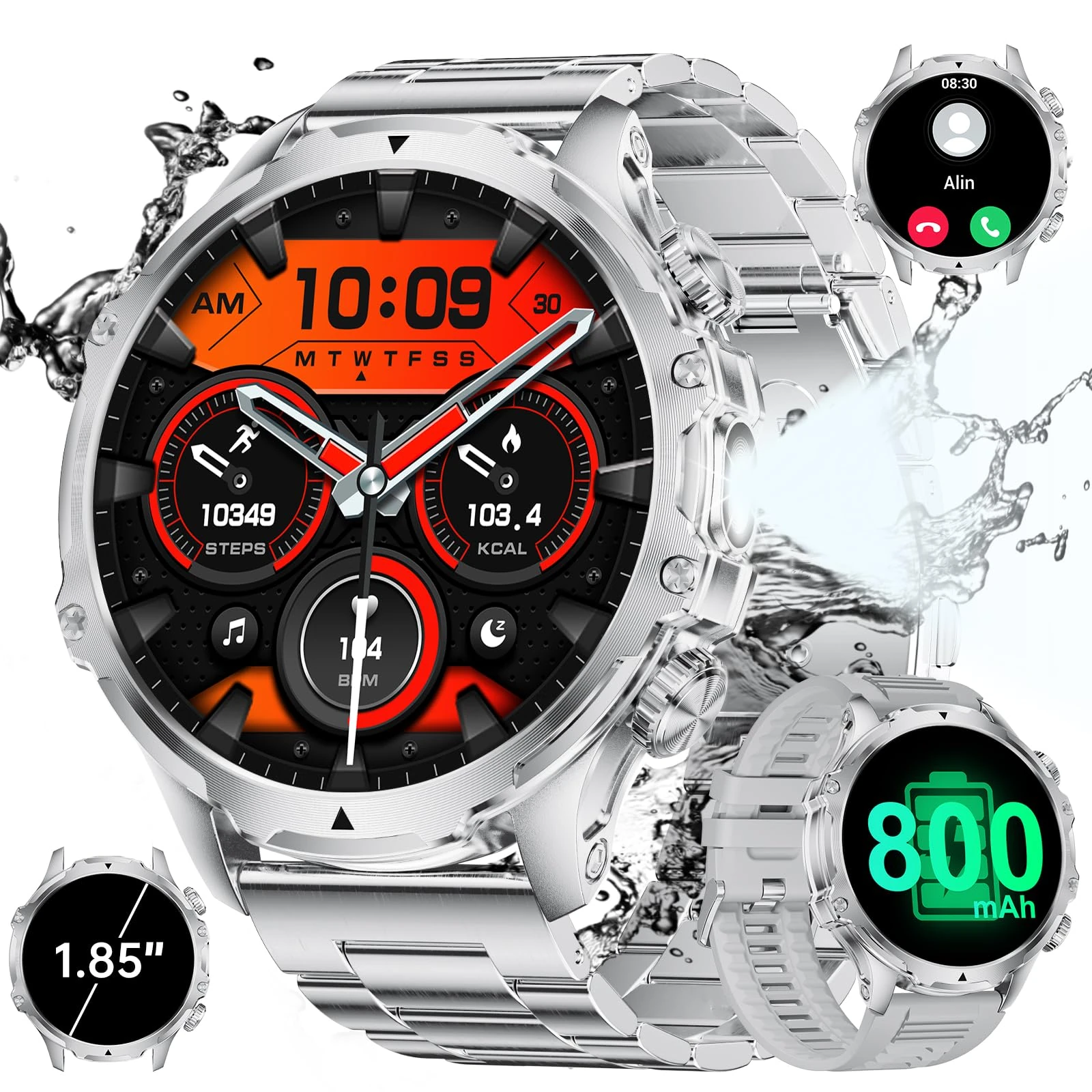 Men's Military Smart Watch, 1.85 Inch HD Large Display with 800 mAh Battery/LED Lamp, Phone Function, Fitness Watch with 110+ Sports Modes, 24/7 Heart Rate Monitor and Sleep, 5ATM Sports Watch for