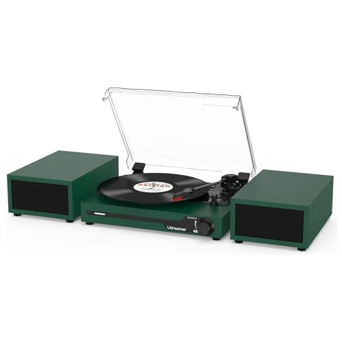 Vinyl Record Player with External Speakers BT 5.3 Wireless Turntable Portable with 3 Speed USB Vintage DarkGreen