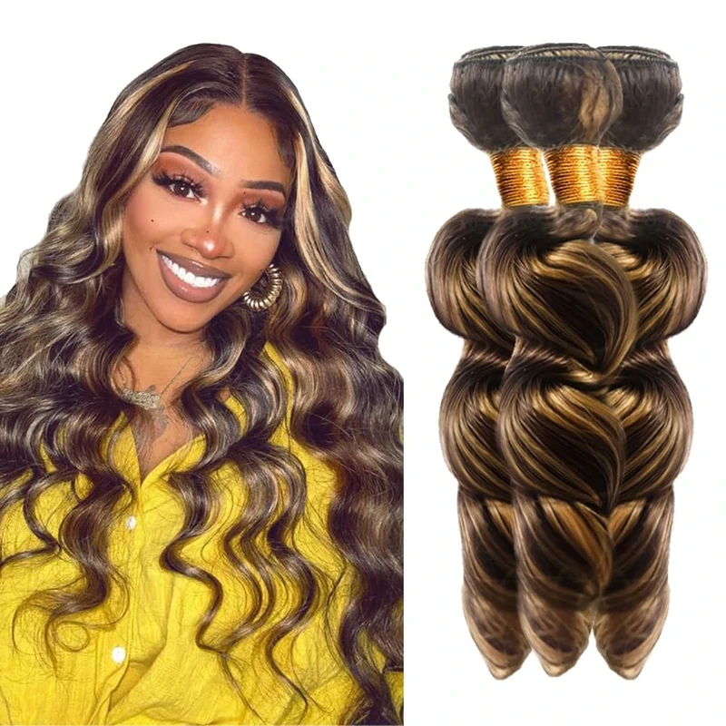 Jucames Human Hair Bundles P4/27 Highlight Blonde Color Loose Wave Light Weight Unprocessed Virgin Human Hair Extensions For Woman Bundle/50g Total 150g 18 20 22 Inch