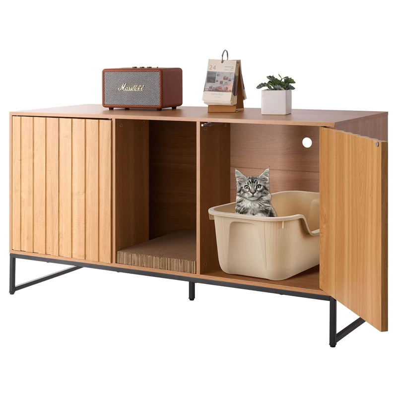 VEVOR Cat Litter Box Enclosure Furniture, 120 cm Hidden Litter Box Cabinet with Scratch Pad & Storage, Waterproof Washroom End Table Cat House, Fit Most of Litterbox, for Bedroom Living Room