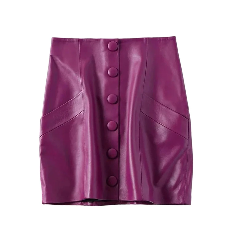 Women's Genuine Leather High Waist Mini Skirt Sexy Solid Hip Wrap Office Lady Skirts Purple