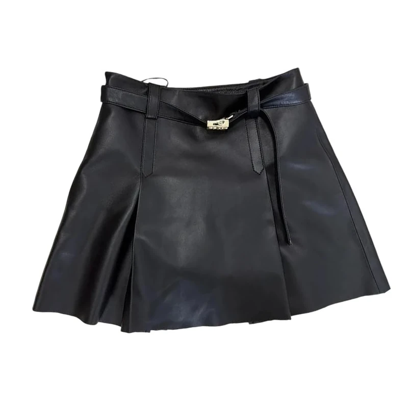 Women's Genuine Leather High Waist Mini Skirt A-Line Pleated Skirts with Lining Black