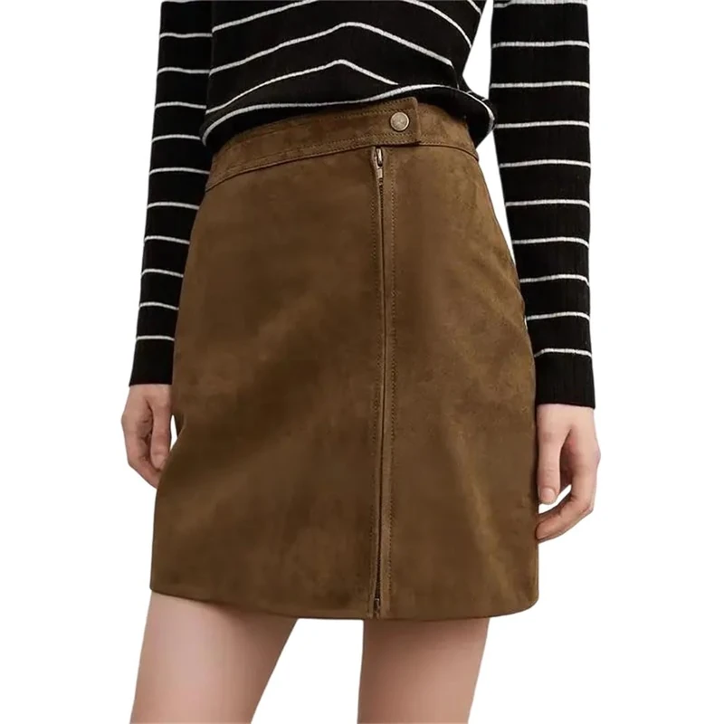 Women's Vintage Suede Leather Mini Skirt High Waist Zipper Office Lady Casual Short Style Skirts Light Coffee