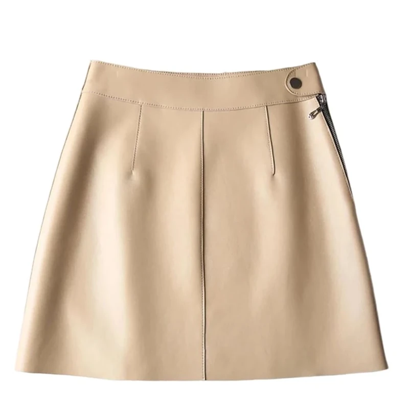 Women's Genuine Leather High Waist Mini Skirt with Buttons Retro Sexy Style A-Line Skirts Coffee