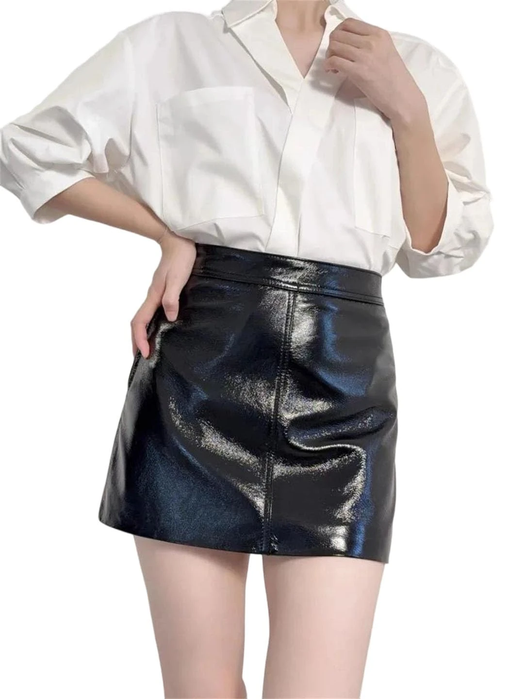 Women Genuine Leather Pencil Skirt High Waist Office Casual Side Zipper Mini Skirts
